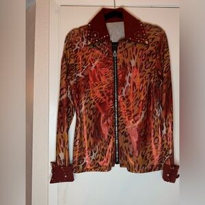 Sz L Leopard Print Rhinestone Zip Front Women's Zip up Top in Red and Brown